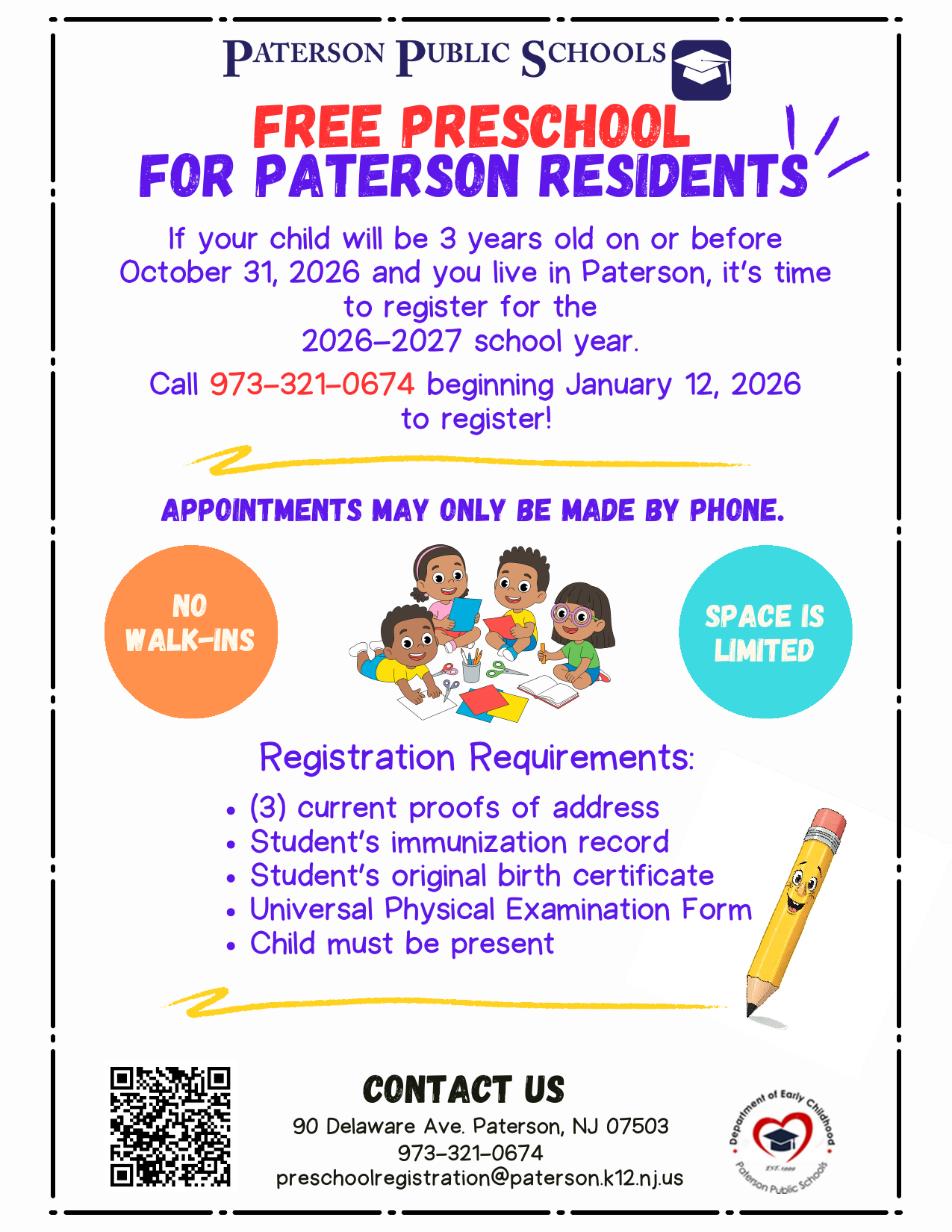 Official district registration flyer for the 2026 to 2027 preschool year